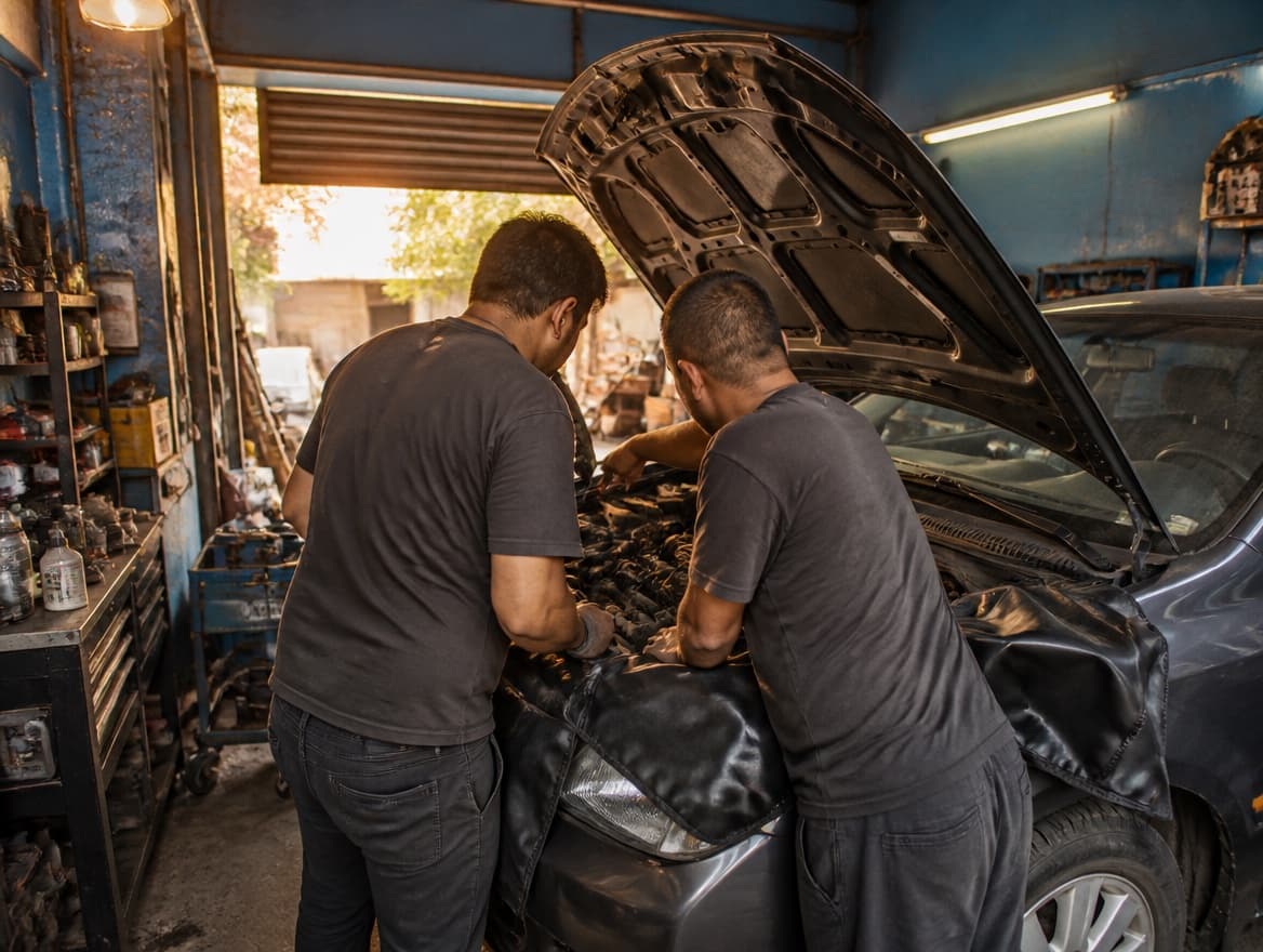 Yupe's mechanics working together over an engine